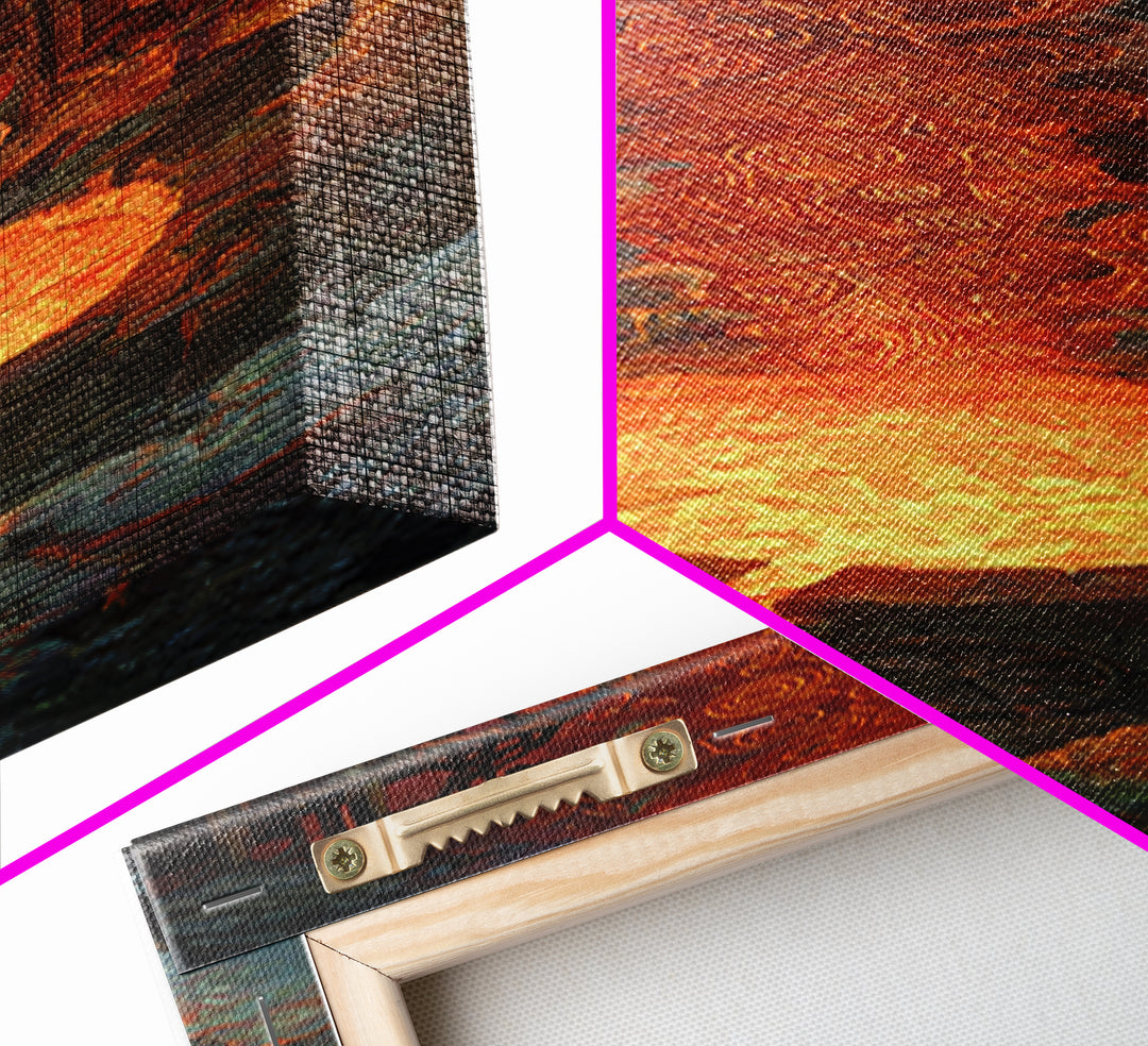 Molten Forge Workshop With Glowing Symbols Framed Canvas Print, Industrial Fantasy Wall Art, Orange Painting Home Decor Gift