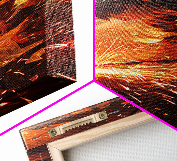 Welder In Shower Of Sparks Wall Art, Dramatic Orange Canvas Print, Industrial Workshop Art, Masculine Office Decor Gift For Him