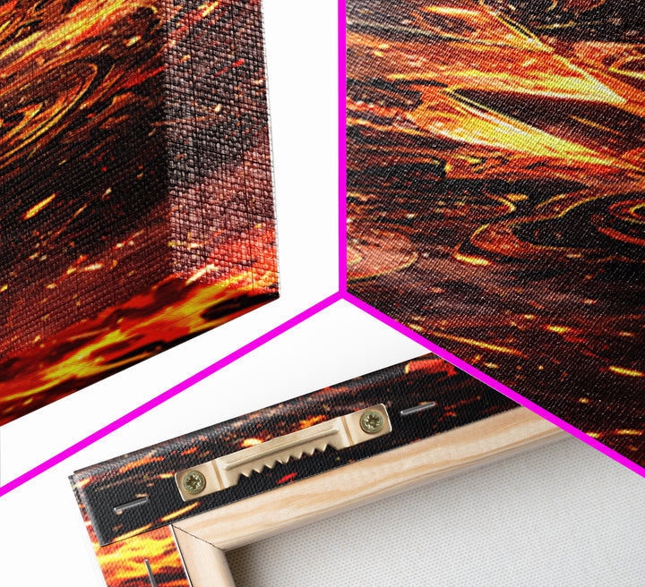 Fiery Mechanical Gears And Sparks Wall Art, Abstract African Inspired Industrial Canvas Print, Bold Orange Black Decor Gift