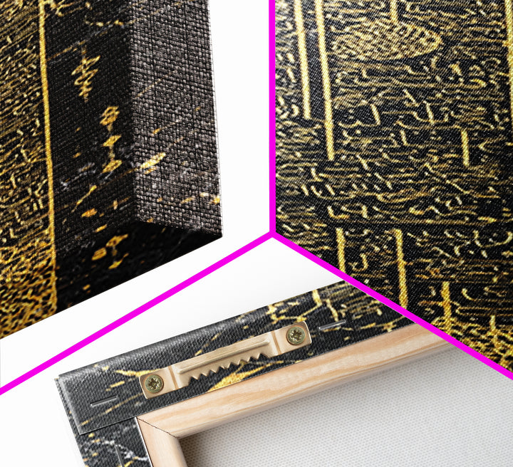Gold Futuristic Obelisk Glyph Wall Art, African Abstract Canvas Print, Black Gold Geometric Decor, Luxury Statement Gift
