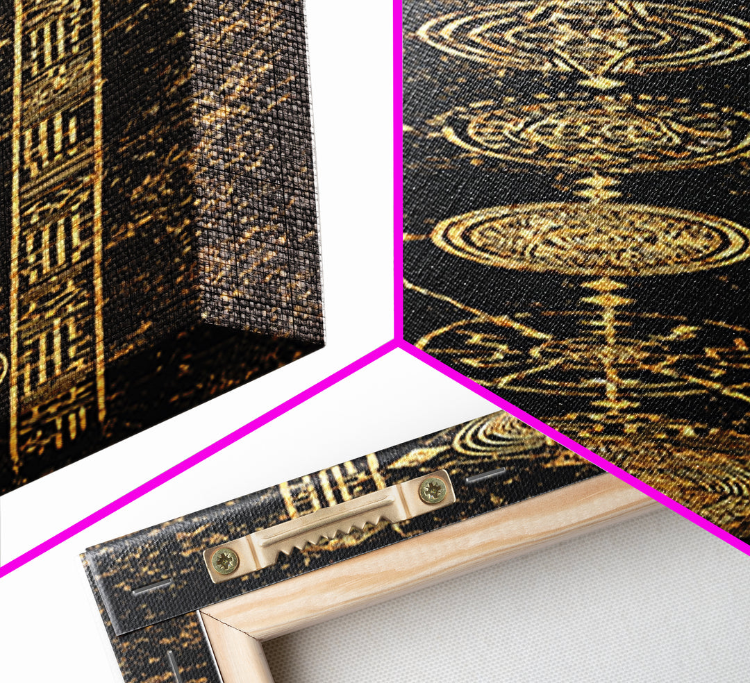 Gold Celestial Circles And Glyphs Wall Art, African Abstract Canvas Print, Black Gold Geometric Decor, Spiritual Home Gift
