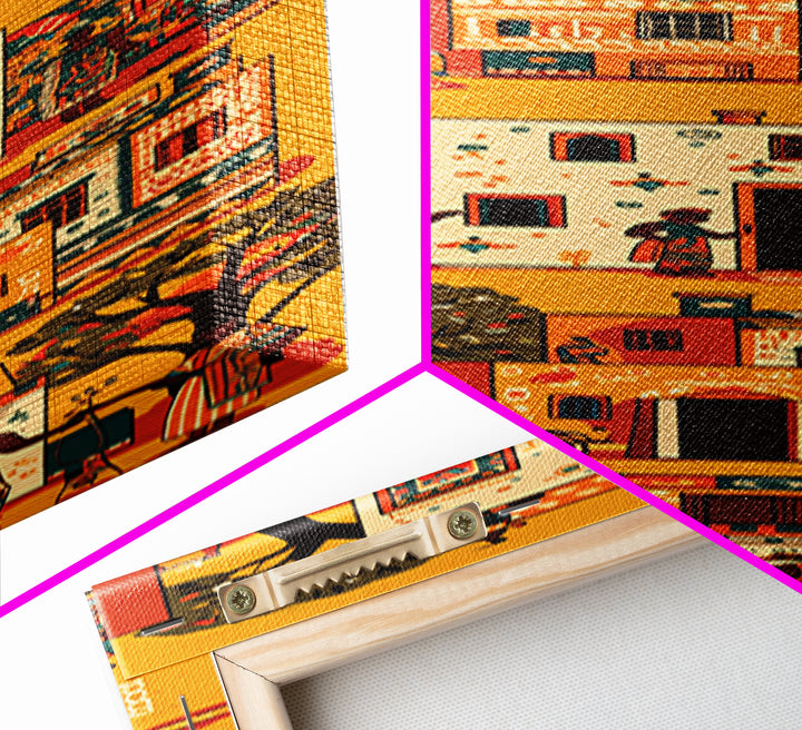 Orange African Village Houses And Trees Wall Art, African Folk Canvas Print, Cultural Home Decor, Afrocentric Travel Gift