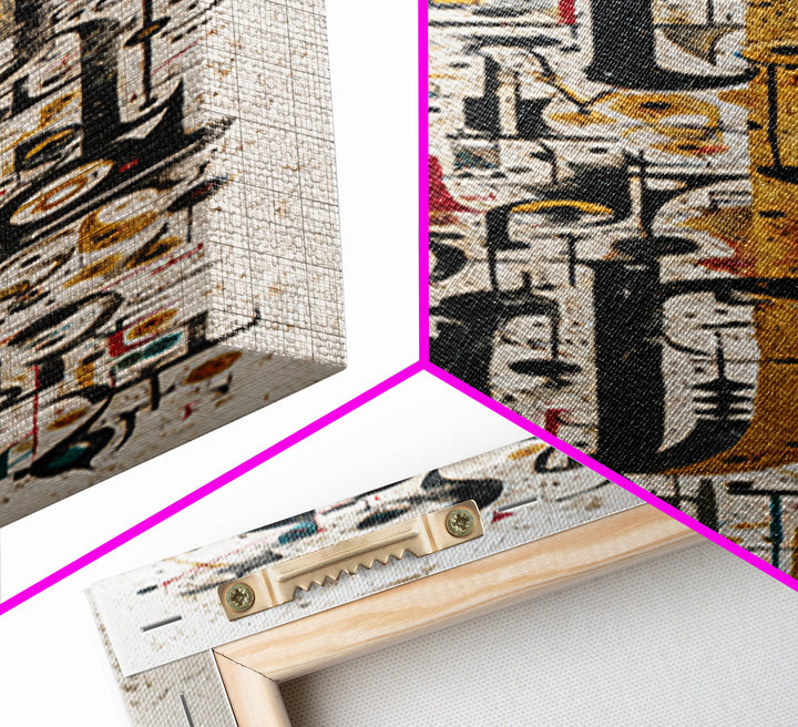 Abstract African Geometric Symbols Wall Art, Modern Canvas Print, Tribal Line Art Decor, Gold Black Contemporary Poster Gift