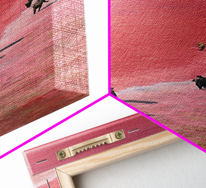 Pink African Salt Lake Shore With Fishermen Wall Art, Lake Retba Landscape, Coastal Boat Print, Serene Travel Home Decor Gift