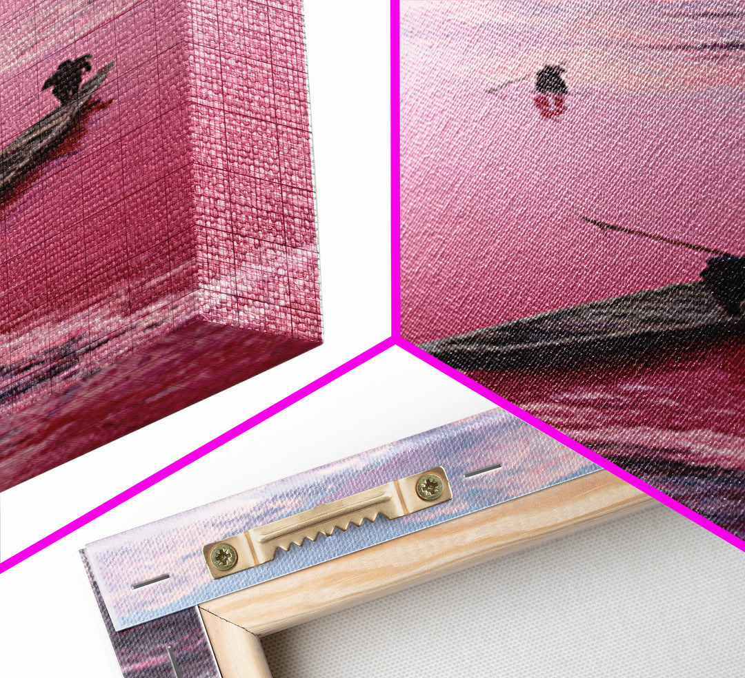 Dreamy Pink African Lagoon With Wooden Boat Canvas Print, Lake Retba Fisherman Scene, Coastal Landscape Wall Decor Gift Art