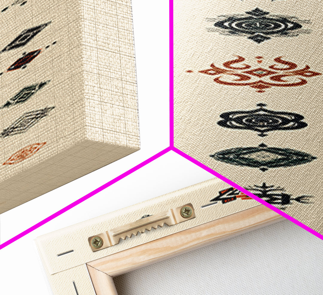 Minimal African Pattern Wall Art, Boho Tribal Symbols, Beige Orange Navy Motifs, Afrocentric Textile Inspired Canvas Print