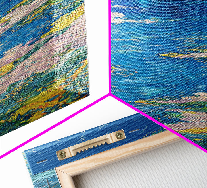 Blue Floral River Landscape Wall Art, Impressionist Garden Water Canvas Print, Nature Scene Art For Serene Home Decor Gift