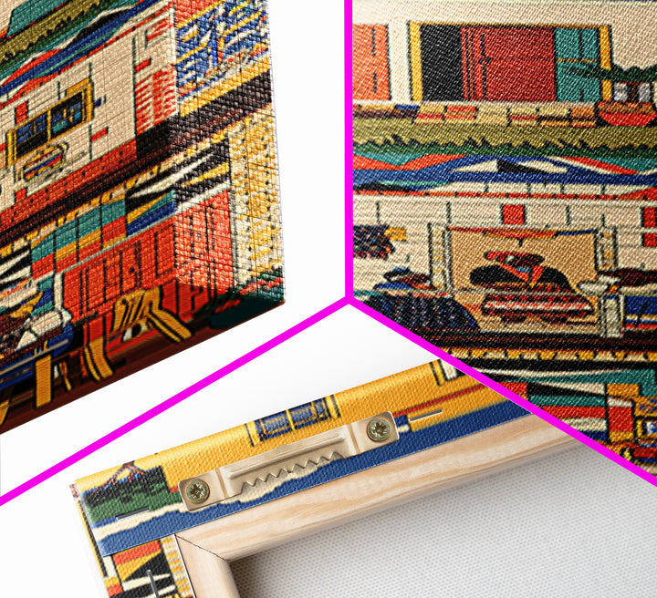 Vibrant African Village Homes Wall Art, Colorful Canvas Print, Folk Culture Poster, Patterned Houses And People Decor Gift