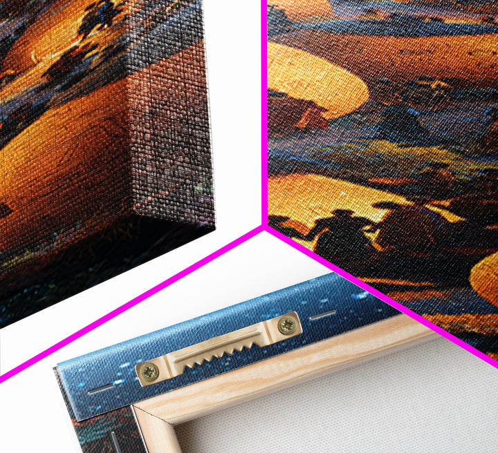 Glowing African Village At Starlit Night With Clay Huts Canvas Print, Afrocentric Wall Decor, Magical Motherland Home Art