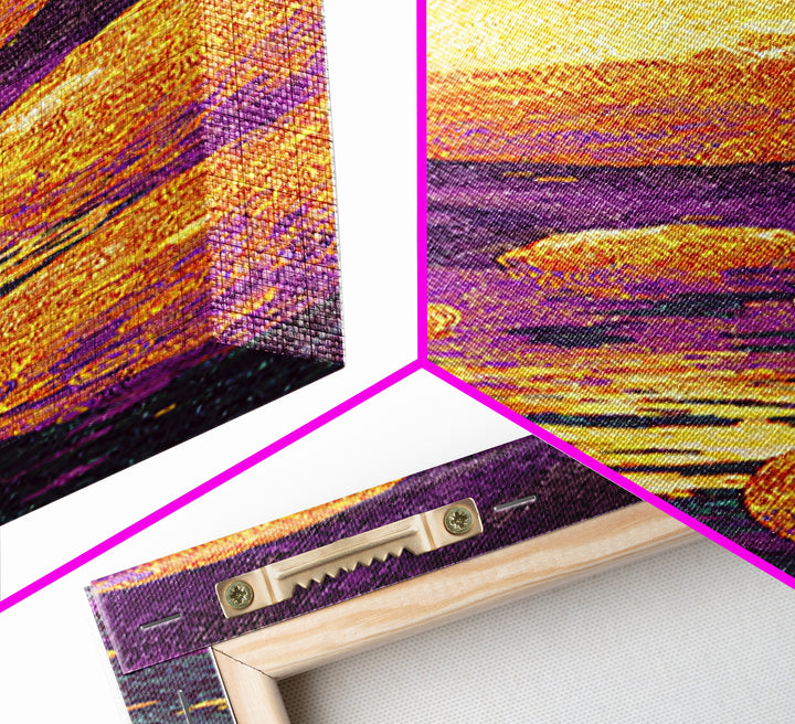 Floating Golden Planets Over Purple Cosmic Water, Canvas Print, Abstract Wall Art, Vibrant Decor, Unique Home Decor Gift