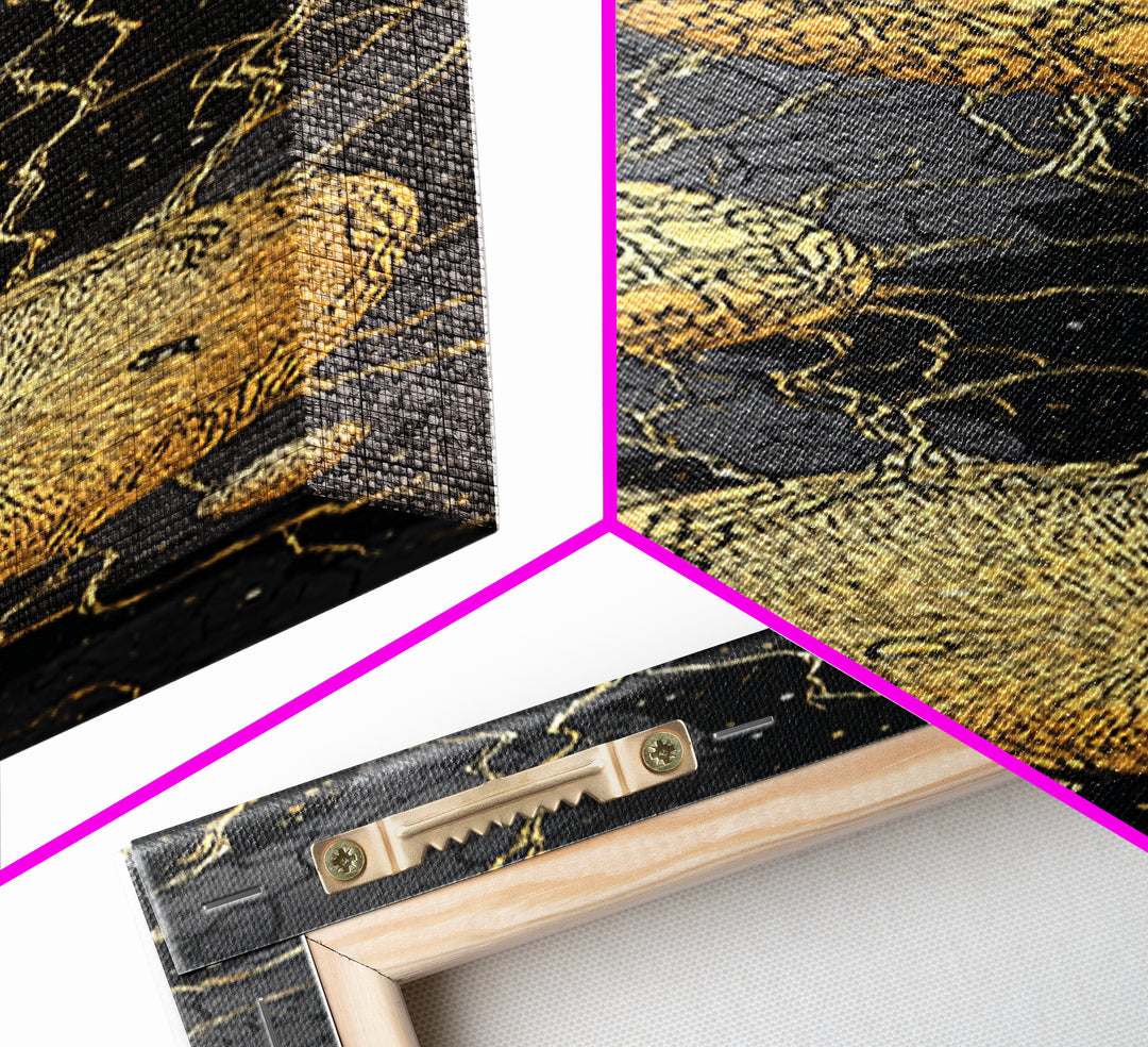 Cracked Golden Spheres With Marble Veins, Framed Canvas Print, Abstract Wall Art, Black And Gold Decor, Luxury Artwork For Home