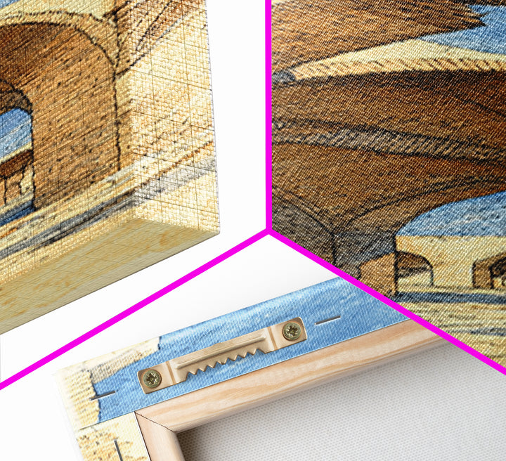 Sunlit Stone Arches Canvas Print, Morocco Africa Architecture Wall Art, Blue Beige Travel Decor, Bohemian Home Art For Living Rooms