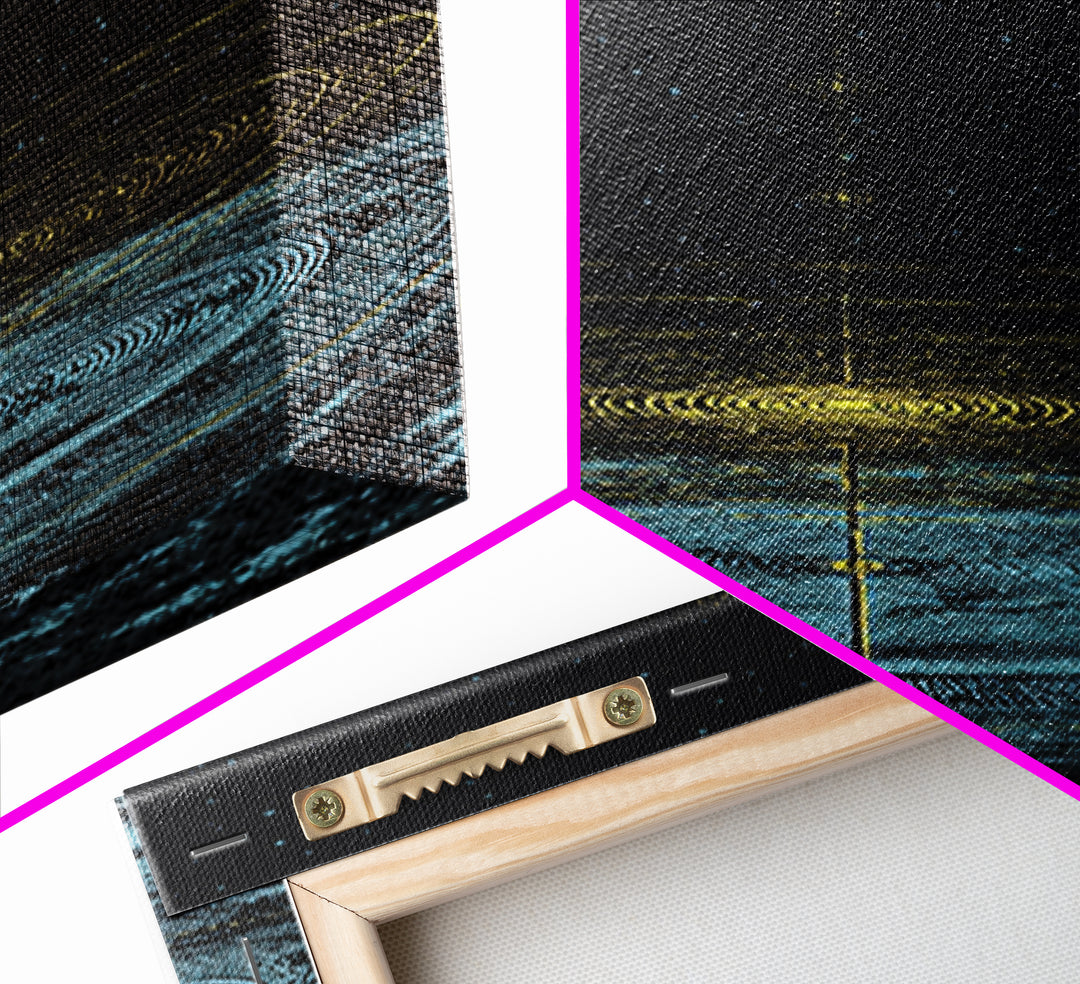Golden Moon Over Cosmic Water Wall Art, Spiritual Celestial Abstract, Meditation Room Decor, Modern Black Canvas Print Gift