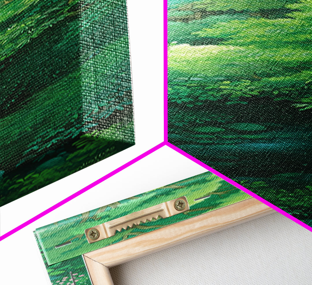 Verdant Hidden Creek And Soft Green Canopy Framed Canvas Print, Botanical Wall Art, Nature Scene, Calming Forest Decor Gift