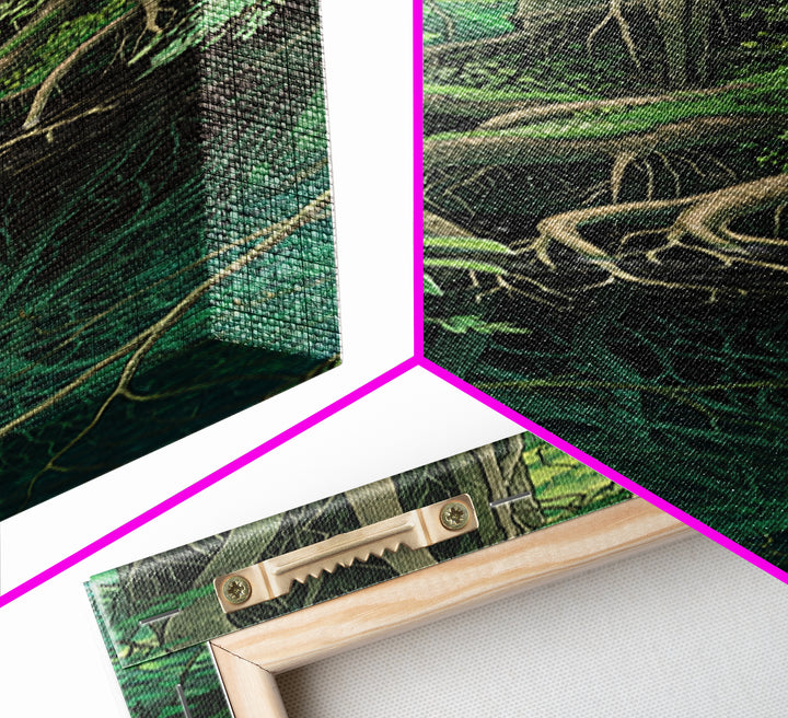 Cypress Roots Reflected In Dark Forest Water Canvas Print, Swamp Landscape Wall Art, Nature Scene, Rustic Green Decor Gift