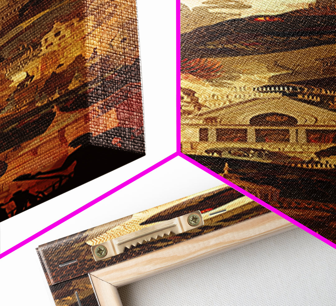 Giant Serpent Over Golden Fantasy City Wall Art, Mystical Statement Decor, Dark Academia Large Canvas Artwork For Living Room