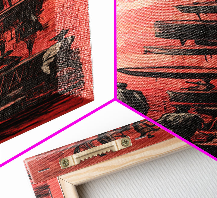 Red Surreal Figures Climbing Stacked Paths Wall Art, African Abstract Story Print, Modern Black Culture Decor Canvas For Office