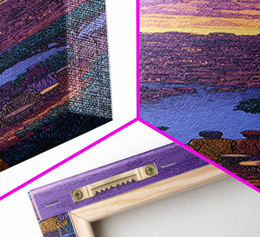 Purple African River City Sunset Wall Art, African Landscape Painting Print, Cultural Home Decor Canvas For Living Room Gift