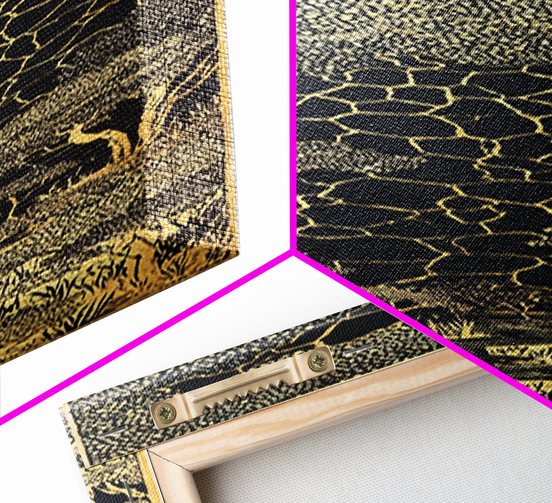 Gold Acacia Trees In Cracked Night Landscape Canvas Print, African Wall Art, Black And Gold Tribal Decor, Luxury Home Accent