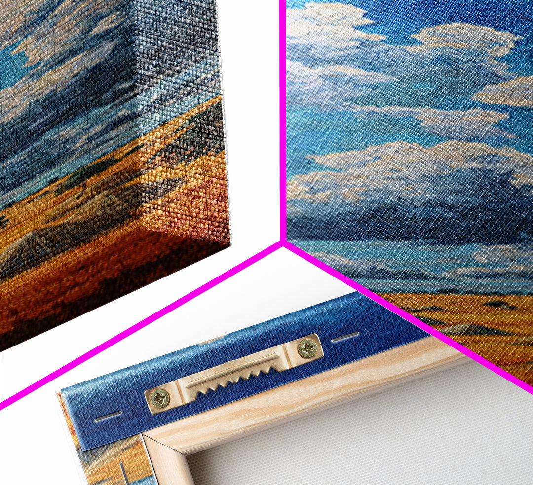 Golden Savanna Huts Under Towering Blue Clouds Canvas Print, African Landscape Wall Decor, Safari Art For Living Room Decor Gift