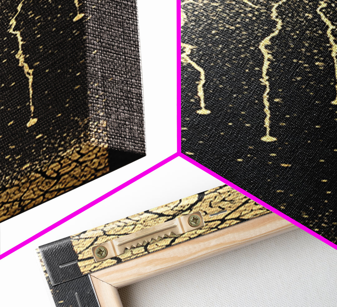 Gold Cracked Tree Roots On Black Wall Art, Abstract African Inspired Decor, Textured Canvas Print For Modern Living Room Gift
