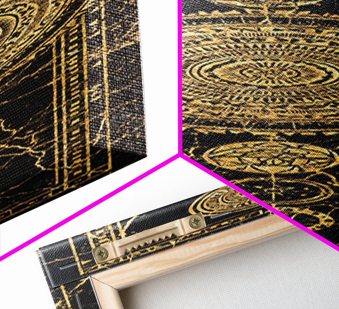 Gold Celestial Mandala Symbols On Black Canvas Print, African Abstract Wall Decor, Tribal Pattern Art, Luxe Mystic Home Gift
