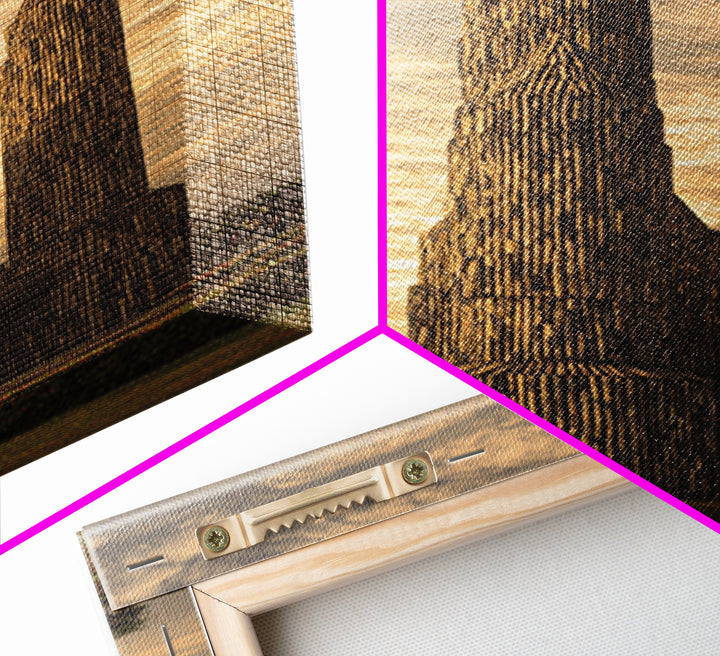 Tall Carved Wooden African Towers At Sunset Canvas Print, Tribal Architecture Wall Decor, Earth Tone Statement Art Gift For Home