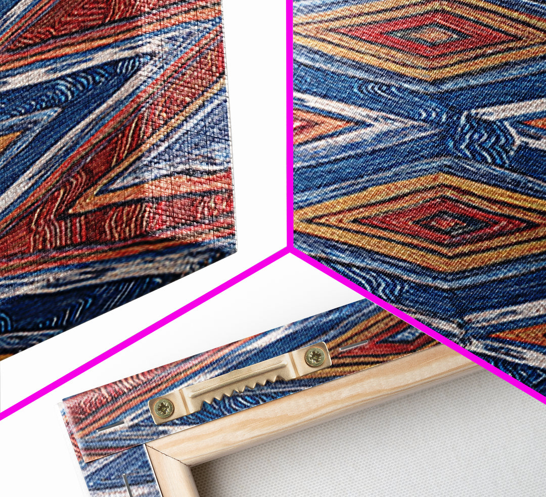 Red Blue Diamond African Textile Pattern Wall Art, Ankara Fabric Inspired Decor, Geometric Tribal Canvas Print Home Gift