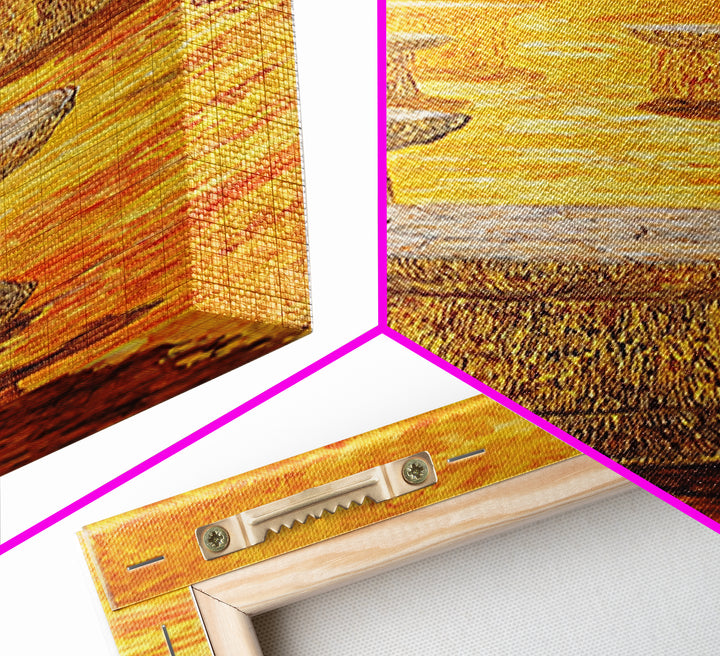 Golden African Stool Landscape Wall Art, Warm Orange Textured Painting, Unique Canvas Decor For Safari Inspired Home Decor