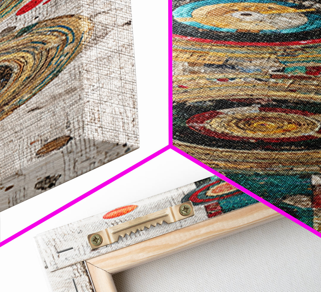 Concentric Circle Textile Canvas Print, Abstract African Art Decor, Teal Red Geometric Wall Decor, Boho Modern Home Decor