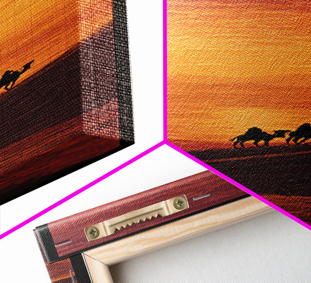 Sunset Camel Caravan Over Desert Dunes Canvas Print, African Landscape, Sahara Travel Wall Decor, Warm Orange Safari Art