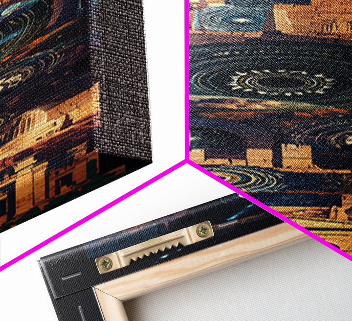 Ancient Temple Night Wall Art, Mystical Ruins Under Moon, African Inspired Architecture, Spiritual Blue Gold Home Decor Gift