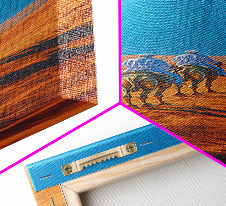 Blue Nomad Riders Crossing Orange Desert Dunes Wall Art, African Safari Decor, Modern Canvas, Boho Living Room Artwork Prints