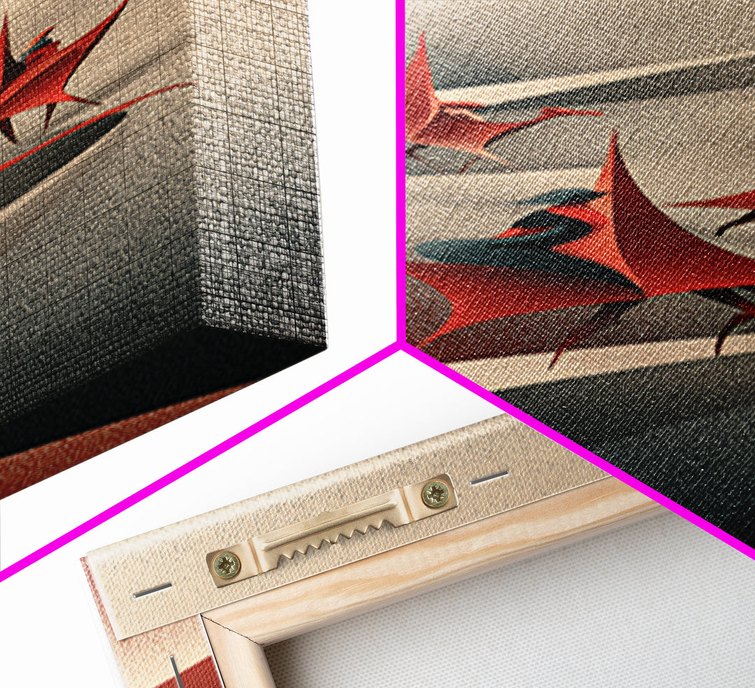 Red Crowned Birds On Winding Moonlit River Canvas Print, Abstract African Art, Elegant Boho Wall Decor, Modern Home Gift