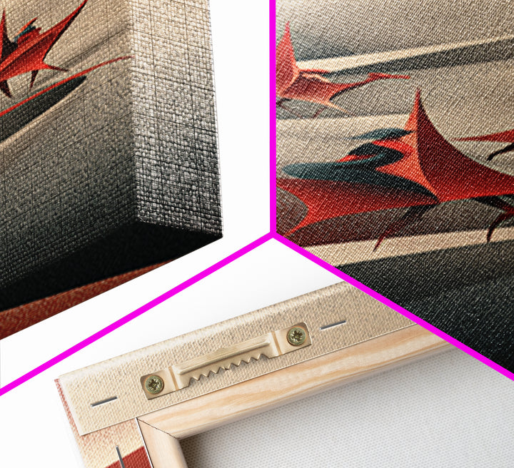 Red Crowned Birds On Winding Moonlit River Canvas Print, Abstract African Art, Elegant Boho Wall Decor, Modern Home Gift