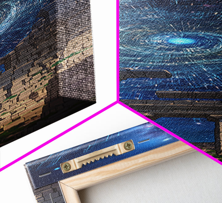 Cosmic Spiral Portal Over Ancient Ruins Canvas Print, Starry Galaxy Wall Decor, Mystical Wall Art, Blue Fantasy Gift For Her