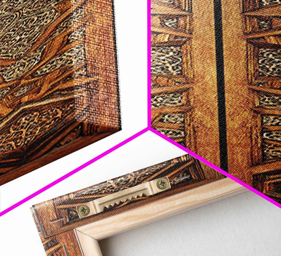 Wood And Gold African Lattice Door Panels Framed Canvas Print, Tribal Wall Decor, African Patterns, Rustic Decor, Statement Piece