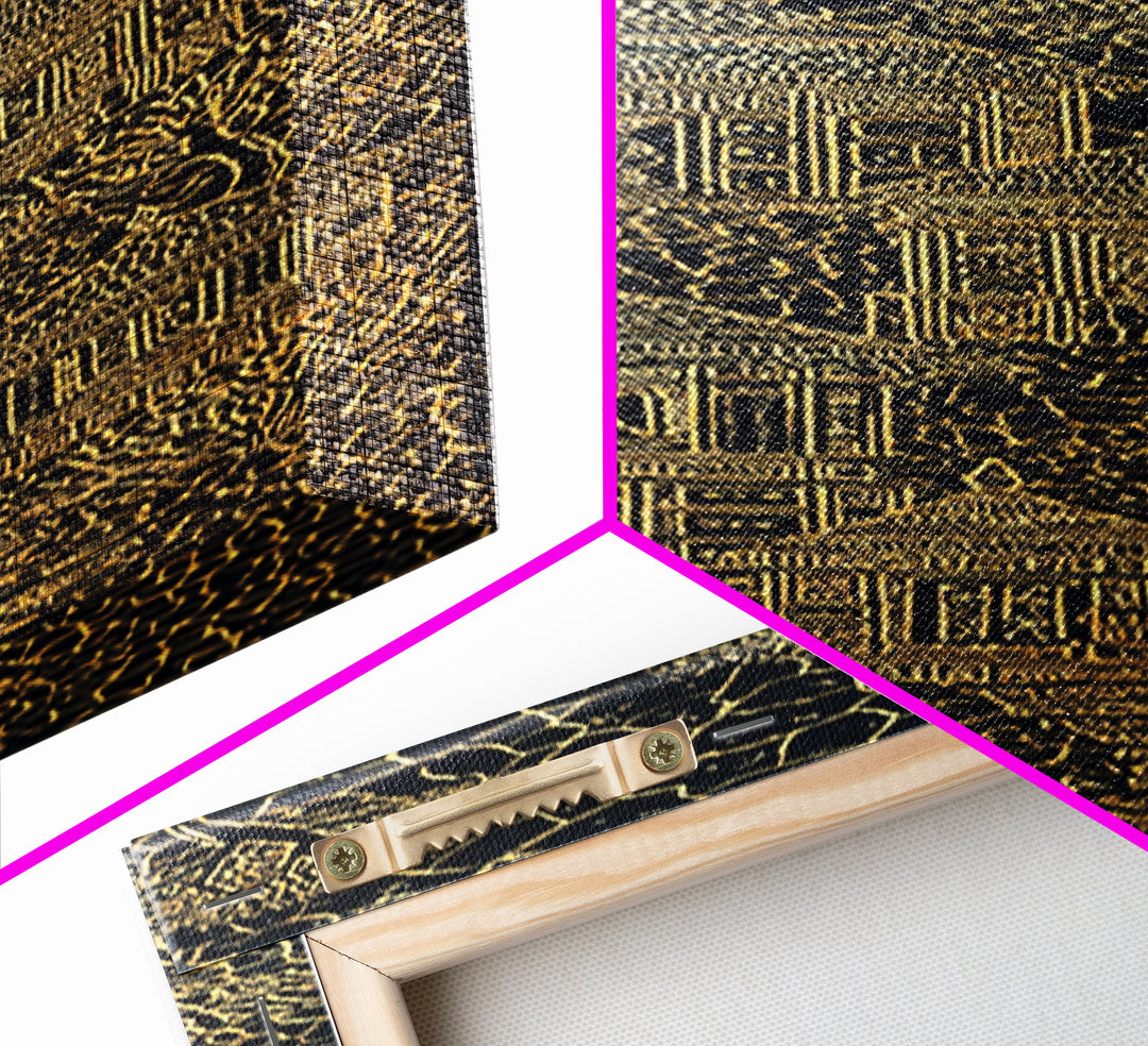 Golden Line Art Village House Canvas Print, African Inspired Black And Gold Wall Art, Boho Tribal Decor, Unique Home Decor
