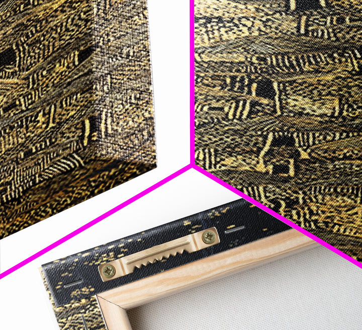 Golden Rooftop Village Canvas Print, African Inspired Black And Gold Wall Art, Detailed Line Drawing, Boho Home Decor Gift