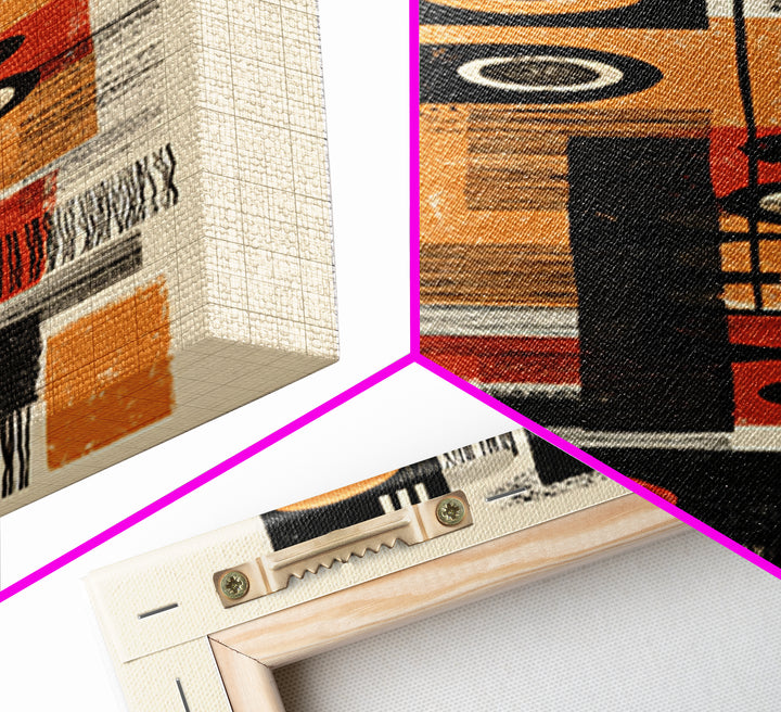 Orange Black Mid Century Geometric Blocks Canvas Print, Abstract African Inspired Wall Decor, Modern Minimalist Office Art