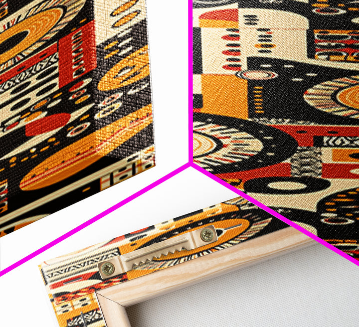Orange Black African Pattern Collage Wall Art, Tribal Textile Inspired Canvas Print, Afrocentric Boho Home Decor Gift For Him