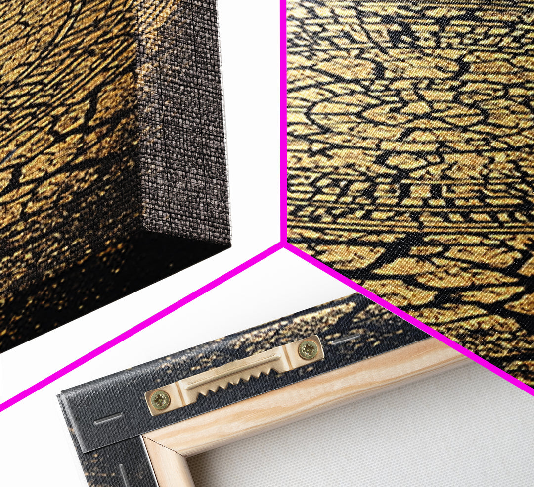 Gold Spiral On Black Cracked Texture Wall Art, African Inspired Abstract Canvas Print, Luxe Tribal Modern Home Decor Gift