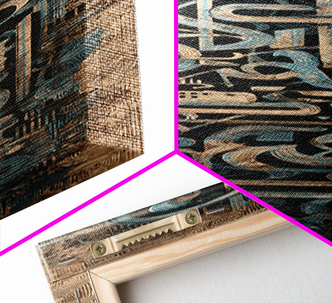 Intricate Teal Circuit Glyphs And Tribal Patterns Wall Art, Abstract African Art Decor, Geometric Canvas Print For Office