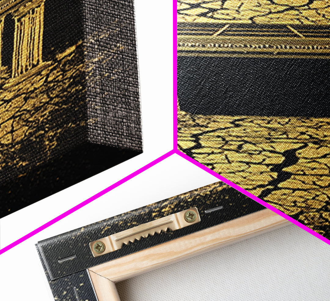 Golden Temple Portal Wall Art, Cracked Black Abstract African Inspired Decor, Ancient Ruins Canvas Print For Elegant Home