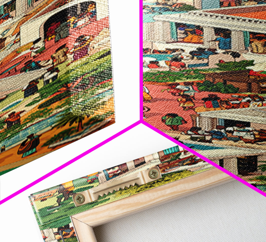 Lush African Courtyard Villa Canvas Print, Isometric Garden Party Wall Decor, Elegant Home Art, Modern Cultural Gift For Her