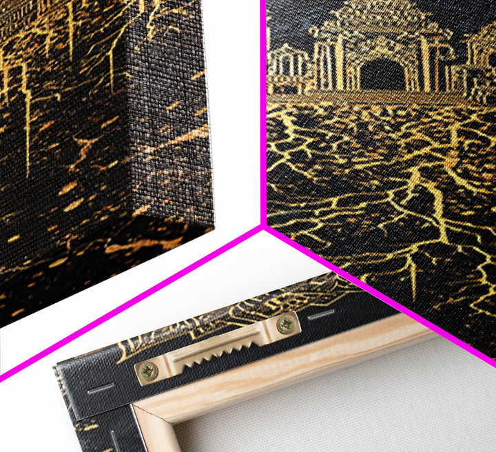 Gold Islamic Arch And Rooted Palace Framed Canvas Print, Black Spiritual Wall Art, Ornate Cultural Decor, Luxury Gift For Home