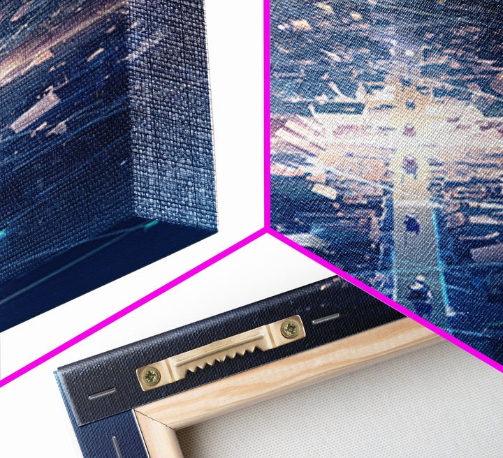 Futuristic Blue Light Tower In Dark Digital City, Canvas Print, Modern Abstract Wall Art, Afrofuturism Office Decor Gift