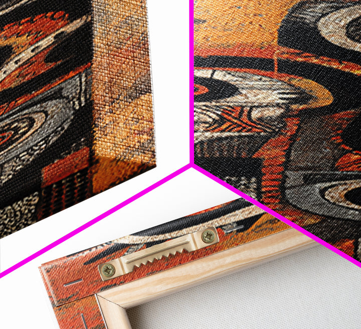 Textured African Totem Horse Framed Canvas Print, Tribal Mask Wall Art, Orange Black Decor, Cultural Statement Artwork Gift