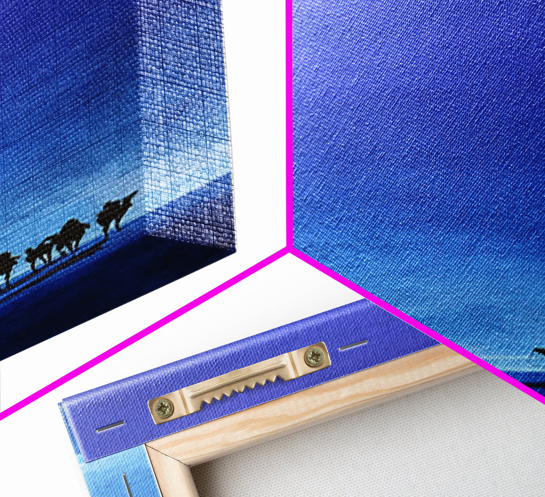 Blue Minimal Camel Riders Canvas Print, African Travel Wall Art, Sahara Desert Decor, Modern Safari Artwork For Peaceful Home