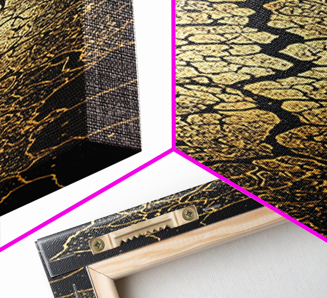 Gold Cracked Leaf Pattern Framed Canvas Print, Abstract African Wall Art, Black Gold Texture, Luxury Modern Home Decor Gift